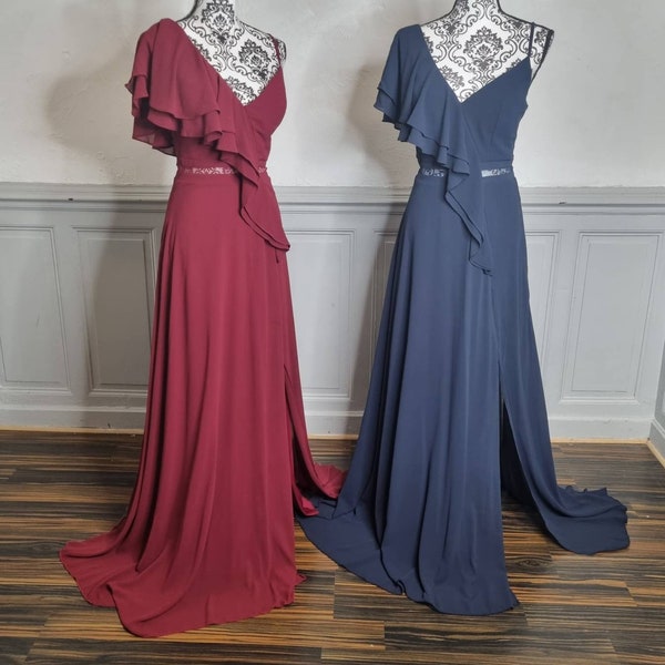 robe de soirée mariage longue fendue  asymétrique 1 manche bordeaux ou bleu marine demoiselle d'honneur cocktail fêtes cérémonie