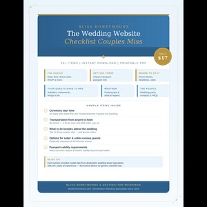Könnte beinhalten: Eine digitale Hochzeits-Website-Checkliste mit dem Titel Bliss Honeymoons The Wedding Website Checklist Couples Miss. Das blau-weiße, druckbare PDF enthält Abschnitte zu Reise-Grundlagen, Gäste-Informationen und beispielhaften Punkten wie Startzeiten.
