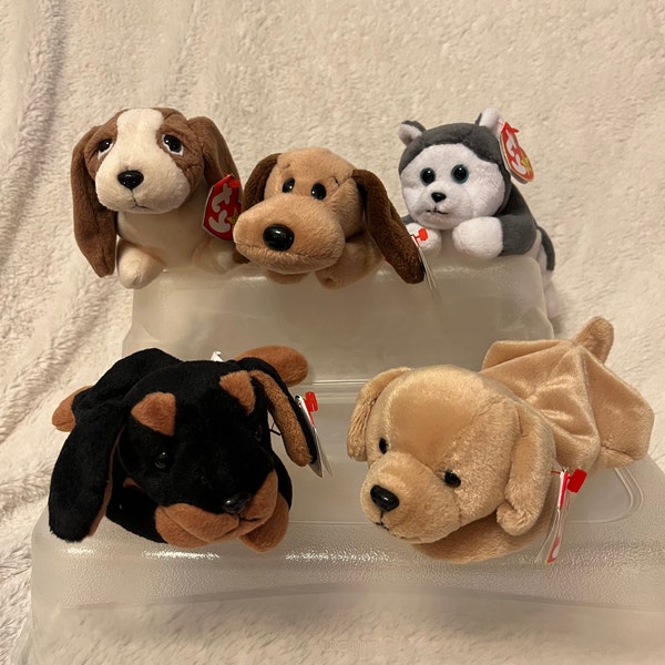 TY BEANIE BABIES Dogs- Fetch, Tracker, Frisbee, Doby, Nanook, Bones