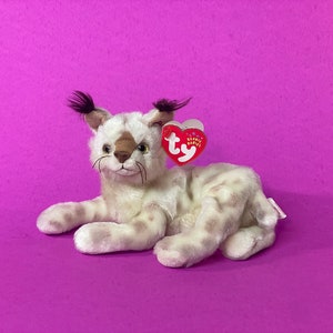 2002 Tracks the Lynx Ty Beanie Baby 4507 - 10th Gen Red Heart Hang Tag Stuffed Animal White Brown Wild Cat Forest Woodland Bean Bag Toy Doll