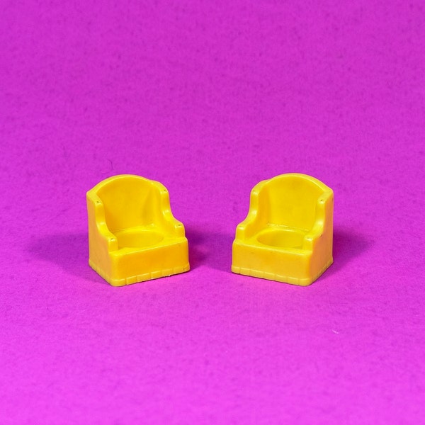 Two 1970s-1980s Fisher Price Little People Armchairs - Retro Classic Yellow Plastic Furniture Arm Wing Chair Single Seat 952 2551 Pair Set 2