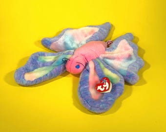 2000 Flitter the Butterfly Ty Beanie Buddy 9384 - Red Heart Hang Tag Pink Purple Blue Green Tie Dyed Bug Animal Stuffed Plush Bean Bag Toy