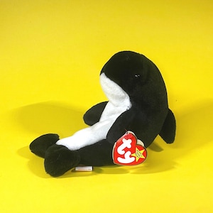 1997 "Echo" Mistagged Waves the Orca Ty Beanie Baby 4180 - Error 4th Gen Red Heart Hang Tag Black White Killer Whale Animal Stuffed Bean Bag