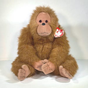 May include: A plush orangutan toy with brown fur, a tan face, and red eyes. The stuffed animal is sitting with its hands clasped. A red and white tag is attached to the toy's ear.