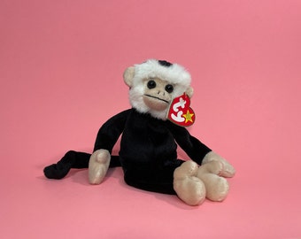1999 Mooch the Spider Monkey Ty Beanie Baby 4224 - 5th Gen Red Heart Hang Tag Black White Primate Monkey Ape Animal Stuffed Plush Bean Bag