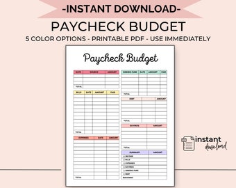 Puede incluir: Una plantilla PDF imprimible de presupuesto de nómina con secciones para fecha, fuente, cantidad, facturas, gastos, fondo de amortización, deuda, ahorros y una tabla de resumen con encabezados en texto negro sobre fondos de color.