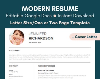 Resume Template Google Docs. Professional Resume Template Modern Page. One and Two Page Resume Template. Cover Letter Included. Digital.