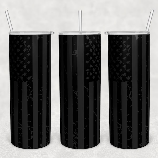 Matte black Vertical American flag tactical straight and tapered 20oz skinny tumbler design digital download PNG sublimation wrap distressed