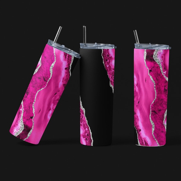 Hot pink black agate 20 oz skinny tumbler digital download PNG sublimation design