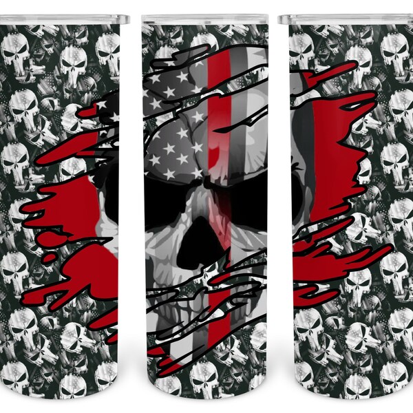 Thin red line skull tapered straight 20 oz skinny tumbler digital download PNG sublimation wrap