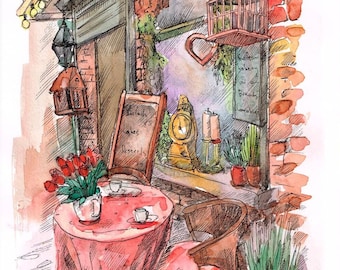 Puede incluir: Una lámina de acuarela enmarcada que representa una escena de cafetería con una mesa redonda cubierta por un mantel rojo, una silla, un ramo de flores rojas y una fachada de ladrillo con una ventana, un farol colgante y una jaula.