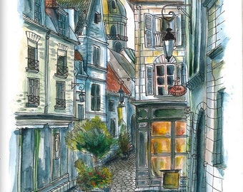 France Architecture Original Watercolor Painting Empty Quite Street Scenery Paris Cityscape Street Bakery Cafe Restaurant Travel Art Vintage