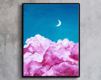 Sky Pink Clouds Moon Oil Painting Original Cloudy Sky Sunset Clouds Modern Landscape Colorful Moody Art