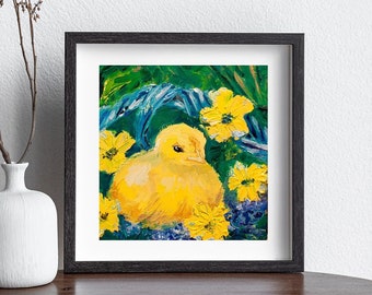 Small Original Oil Painting on Panel, Animal Painting, Cute Yellow Chick Painting, Handmade Artwork, Nursery Wall Decor, Baby Chick Impasto