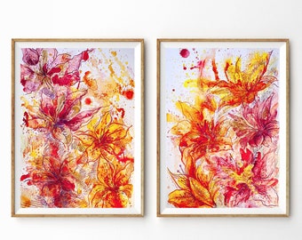 Set of 2 Original Watercolor Paintings Pink Gold Tiger Lily Art Floral Artwork Handmade Wall Art Decor Abstract Botanical Art Floral Nature