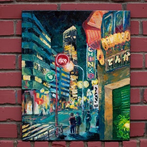 Original Oil City Painting, Impasto Oil Artwork, Cityscape, Night Light Art, Palette Knife, Rainy Street Colorful Art, Asian City Artwork image 7