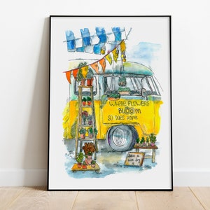 Poster retrò, camion di fiori, dipinto ad acquerello, stampa, arte murale vintage, fiorista, arredamento per la casa, piante, opera d'arte, Francia, strada, viaggio