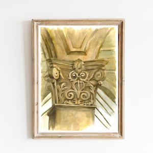 Classic Architecture Column Watercolor Painting Original Wall Art Garden House Home Decor Corinthian Style Capital