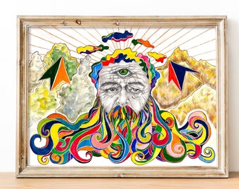 Troisième œil dans le ciel Original Techniques Mixtes Peinture Portrait Grand Print Oriental Abstrait Mur Décor Ésotérique Сelestial Magie Spirituel Boho