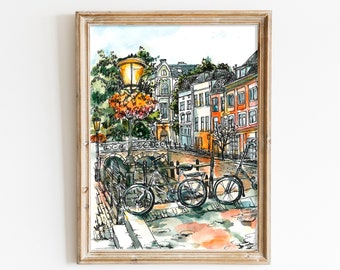 Original Watercolour Amsterdam Painting Europe Cityscape Handmade Home Decor Travel Bicycle Italy France Street Lamp Netherlands Sketch Art