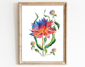 Original Watercolor Painting, Floral Painting, Handmade Wall Art Decor, Aquarelle Illustration on Paper, Colorful Art, Red Flower