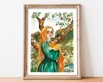 Redhead Girl with Fox Original Watercolor Painting Friendship Home decor Handmade Animal Female Woman Nursery Wall Art Farmhouse Rustic Art