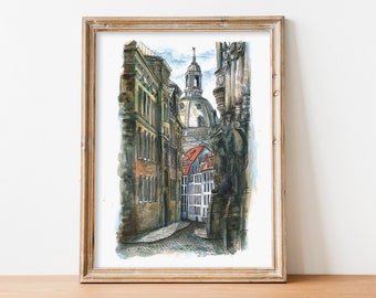 Original Dresden Watercolour Painting Architecture Drawing Wall Art Germany Vintage Home Decor Cityscape Travel Europe Street Old Statue