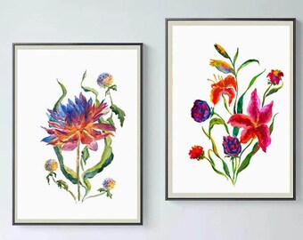 Set of two Colorful Flower Watercolor Paintings Floral Poster Botanical Wall Art Decor Blue Bloom Boho Fine Art Print