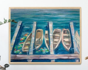 Seascape Boat Original Oil Painting on Canvas Sea Wall Art Lake Home decor Sailboat Coastal Art Port Waterlily Livingroom Artwork