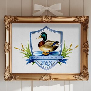Boy Nursery Wall Decor Mallard Duck Personalized Print Blue Nursery Wall Art Monogram Boy Wall Art Boys Room Monogram Crest Watercolor