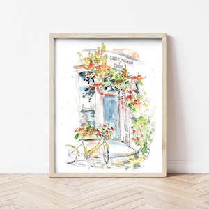 Acquerello, pittura, stampa giclée, schizzo di panetteria francese, caffè, paesaggio urbano, poster, arte murale, viaggio, ristorante, cucina, arredamento per la casa, Parigi