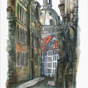 Originele Dresden aquarel schilderij architectuur tekening muur kunst Duitsland vintage woondecoratie stadsgezicht reizen Europa straat oud standbeeld