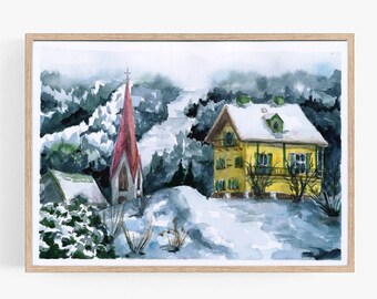 Original Watercolor Painting, Austrian Architecture, Handmade Wall Art Decor, Aquarelle Illustration on Paper,  Winter Landscape