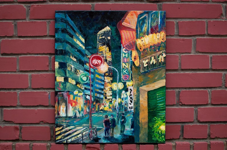 Original Oil City Painting, Impasto Oil Artwork, Cityscape, Night Light Art, Palette Knife, Rainy Street Colorful Art, Asian City Artwork image 7