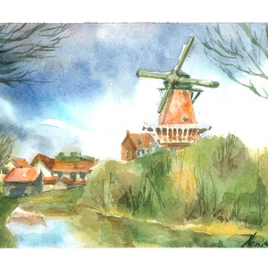 Original Netherlands Landscape Watercolor Painting Wall Art Handmade Old Mill Village Farmhouse Countryside Lake Scenery Scandinavian Art image 5