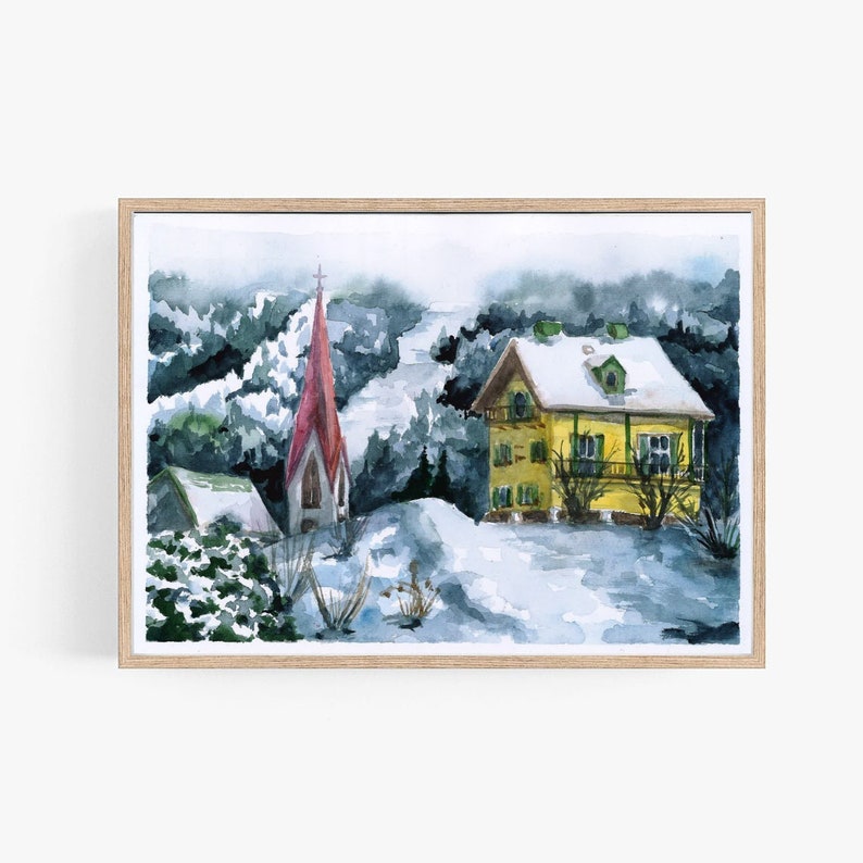 Original Watercolor Painting, Austrian Architecture, Handmade Wall Art Decor, Aquarelle Illustration on Paper, Winter Landscape image 1