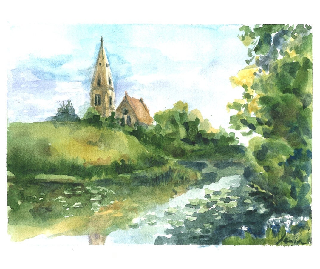 Original Denmark Landscape Watercolor Painting Handmad Wall Art Church Village Countryside Art Farmhouse Country Lake Travel Cathedral