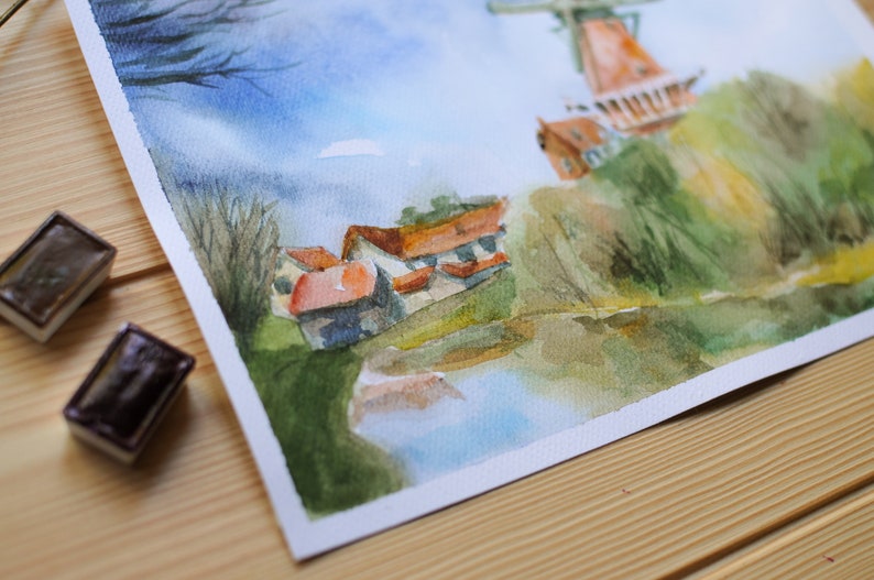 Original Netherlands Landscape Watercolor Painting Wall Art Handmade Old Mill Village Farmhouse Countryside Lake Scenery Scandinavian Art image 7