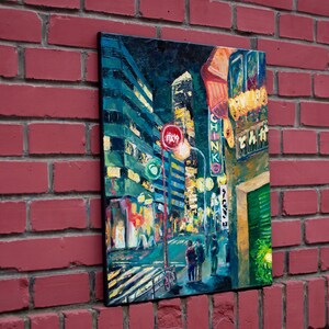 Original Oil City Painting, Impasto Oil Artwork, Cityscape, Night Light Art, Palette Knife, Rainy Street Colorful Art, Asian City Artwork image 8