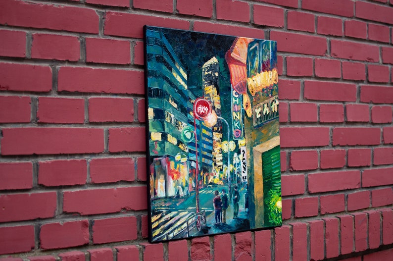 Original Oil City Painting, Impasto Oil Artwork, Cityscape, Night Light Art, Palette Knife, Rainy Street Colorful Art, Asian City Artwork image 8