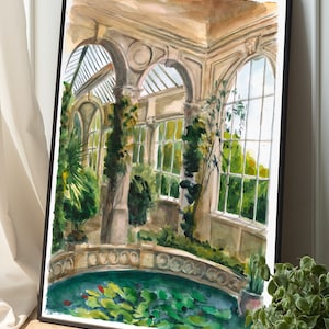 Original Watercolor Painting Greenhouse Botanical Wall Art Garden Palm House Jungle Home Decor Waterlily house Water Lilies Plants Artwork