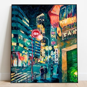 Original Oil City Painting, Impasto Oil Artwork, Cityscape, Night Light Art, Palette Knife, Rainy Street Colorful Art, Asian City Artwork image 1
