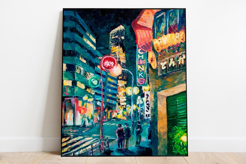 Original Oil City Painting, Impasto Oil Artwork, Cityscape, Night Light Art, Palette Knife, Rainy Street Colorful Art, Asian City Artwork image 1