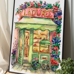 France Cafe Watercolor Print French Shop Sketch Cityscape Poster Travel Wall Art Restaurant Kitchen Home decor Paris Art Decor