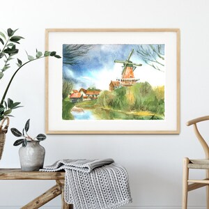 Original Netherlands Landscape Watercolor Painting Wall Art Handmade Old Mill Village Farmhouse Countryside Lake Scenery Scandinavian Art image 4