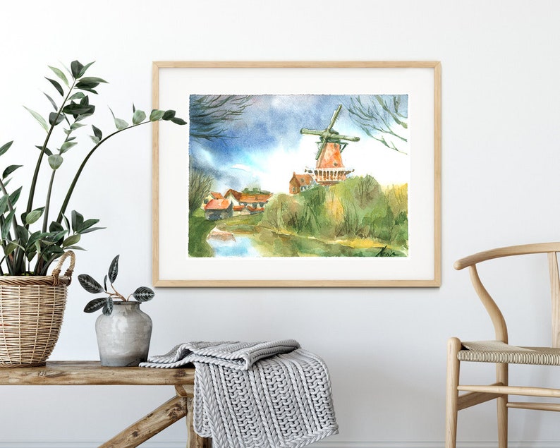 Original Netherlands Landscape Watercolor Painting Wall Art Handmade Old Mill Village Farmhouse Countryside Lake Scenery Scandinavian Art image 4