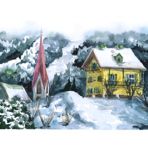 Original Watercolor Painting, Austrian Architecture, Handmade Wall Art Decor, Aquarelle Illustration on Paper, Winter Landscape image 2