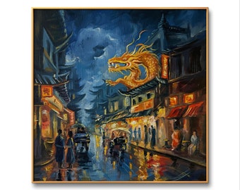 Original Oil City Painting Cityscape Night Rainy Street Colorful Art Asian City Artwork Home Decor