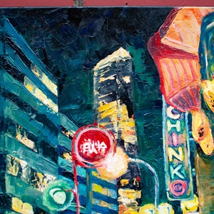 Original Oil City Painting, Impasto Oil Artwork, Cityscape, Night Light Art, Palette Knife, Rainy Street Colorful Art, Asian City Artwork image 9