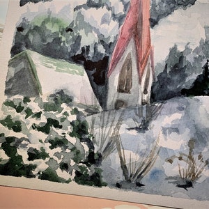 Original Watercolor Painting, Austrian Architecture, Handmade Wall Art Decor, Aquarelle Illustration on Paper, Winter Landscape image 3